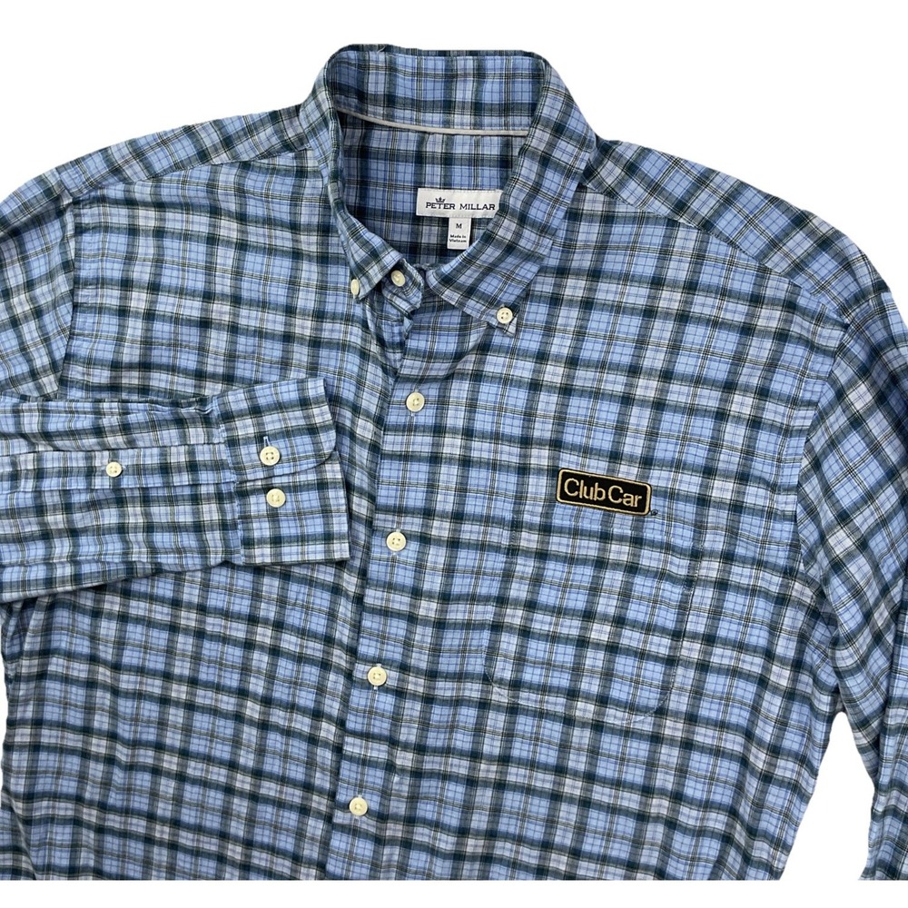 Peter Millar Plaid Button Down Shirt Mens M Club Car Logo Long Sleeve Cotton Top